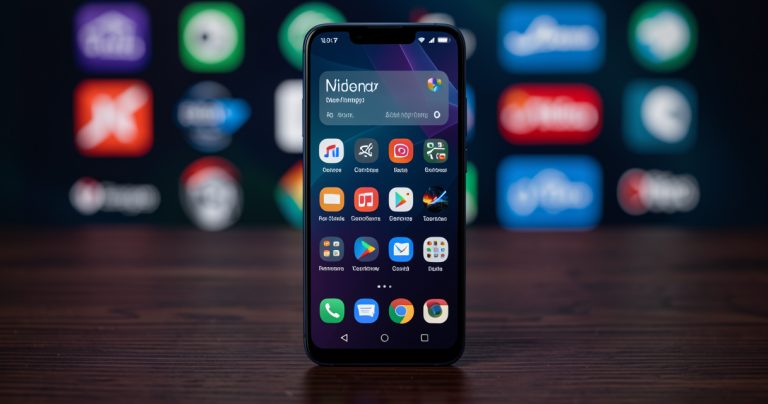 Smartphone avec interface Nova Launcher personnalisée sur un bureau tech