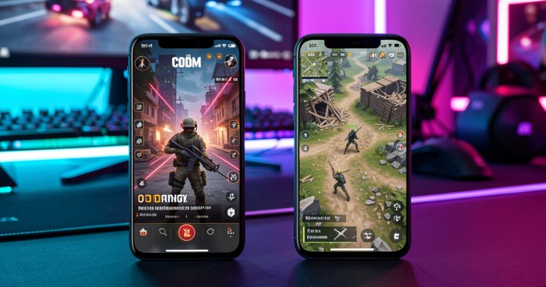 Comparatif visuel Call of Duty Mobile vs PUBG Mobile 2026 on two smartphones