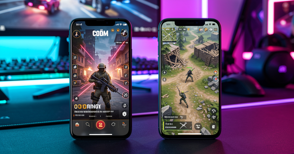 Comparatif visuel Call of Duty Mobile vs PUBG Mobile 2026 on two smartphones