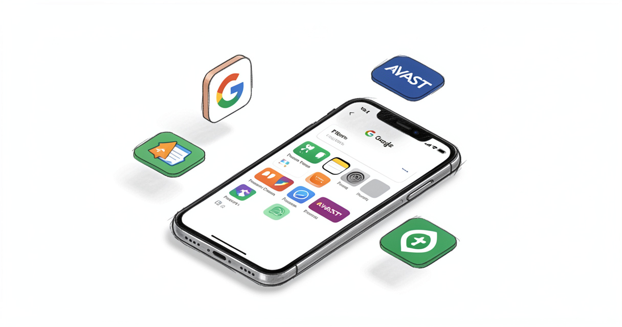 Smartphone entouré d'icônes d'applications de nettoyage Android Files by Google Power Clean Avast
