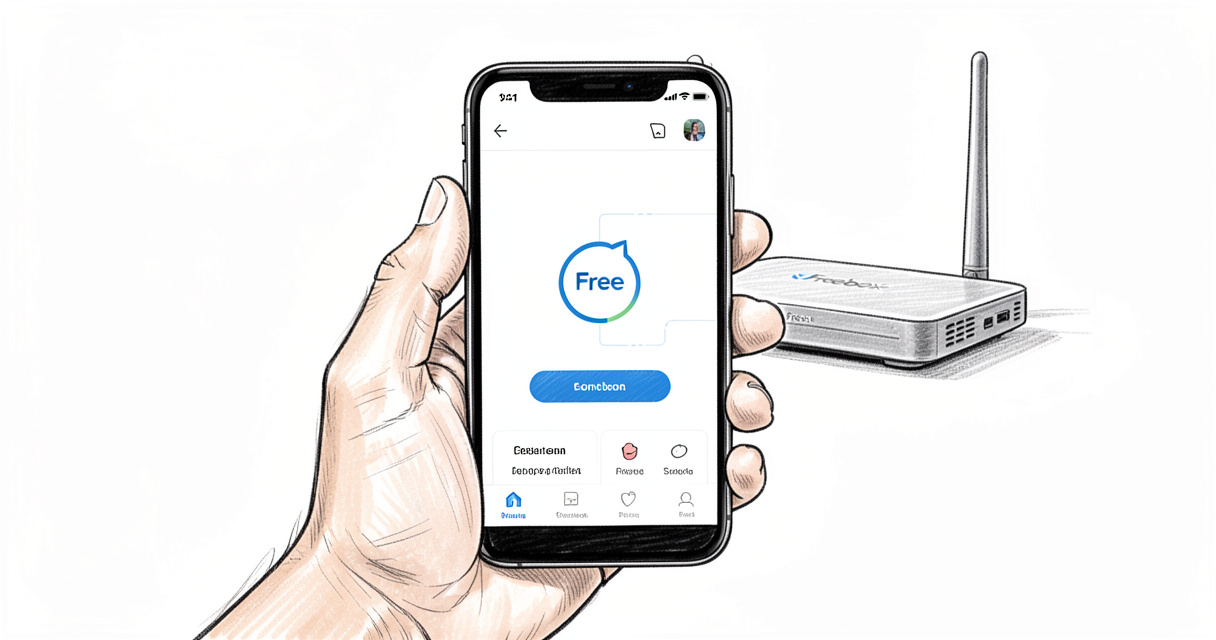 smartphone affichant l'application Free pour la gestion Freebox, avec box en arrière-plan