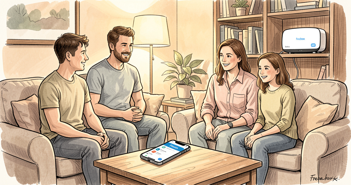 famille utilisant l'application Free pour contrôler le réseau domestique Freebox