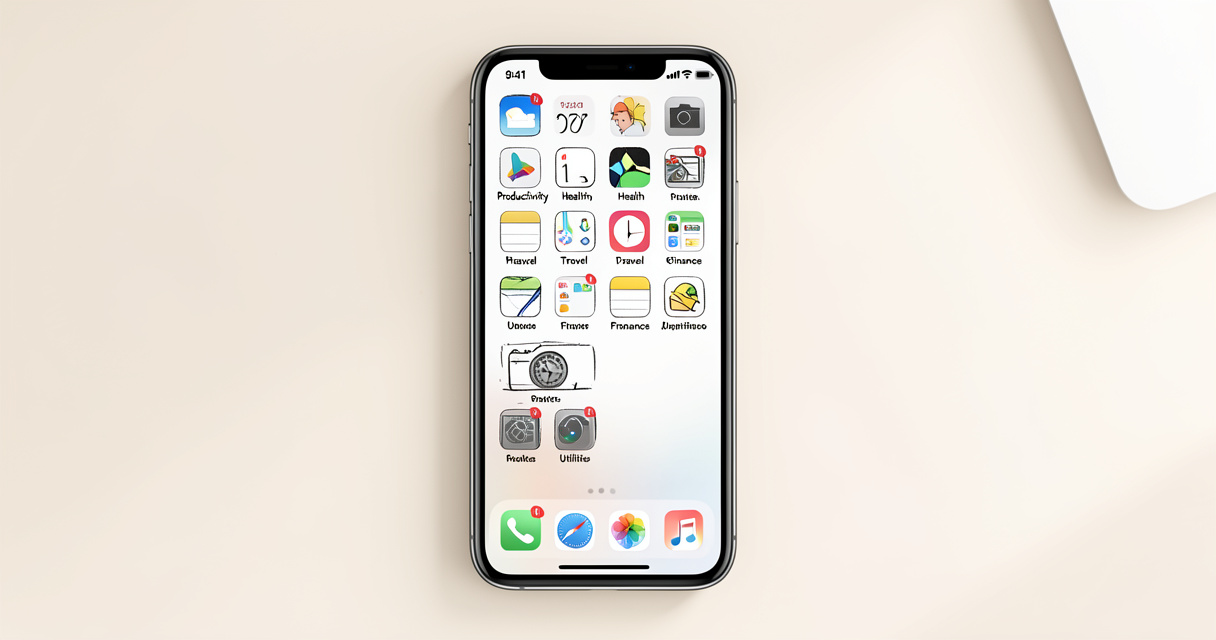 Smartphone écran d'accueil organisé par catégories : productivité, santé, voyage, finances
