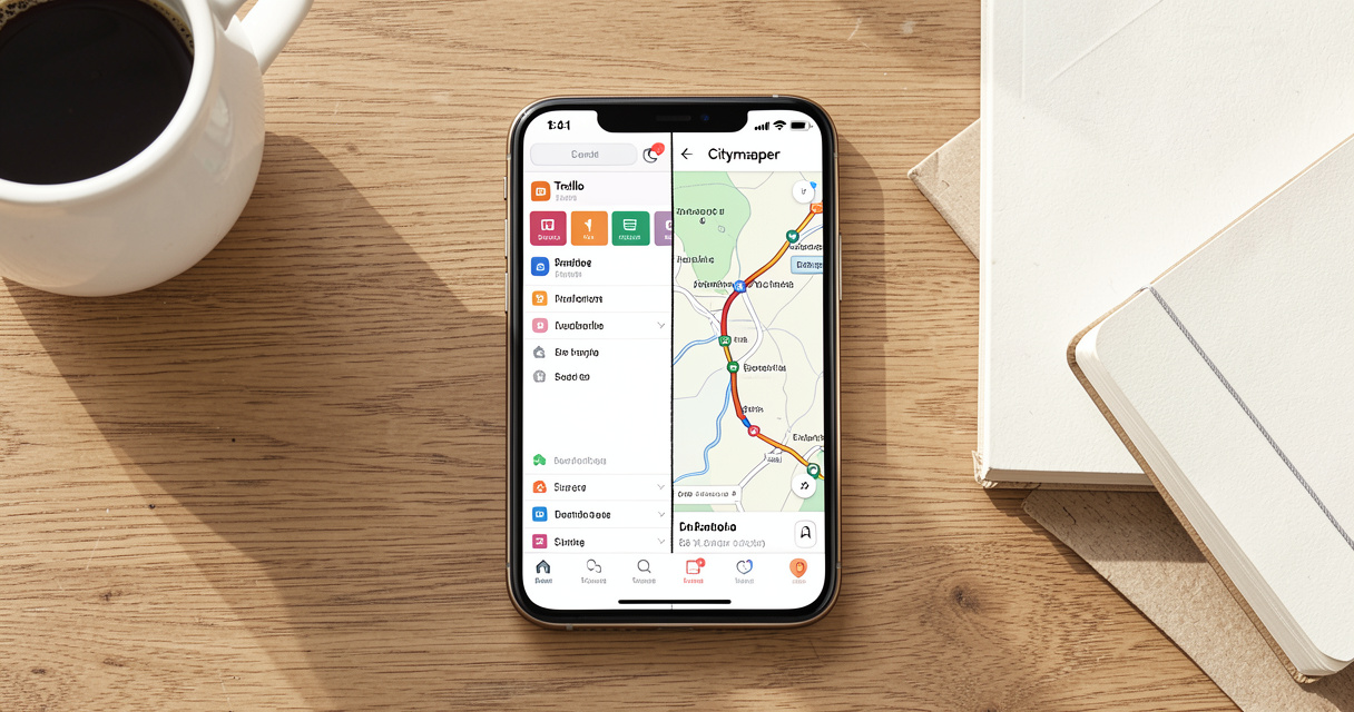 Téléphone affichant Trello et Citymapper en split screen sur un bureau minimaliste