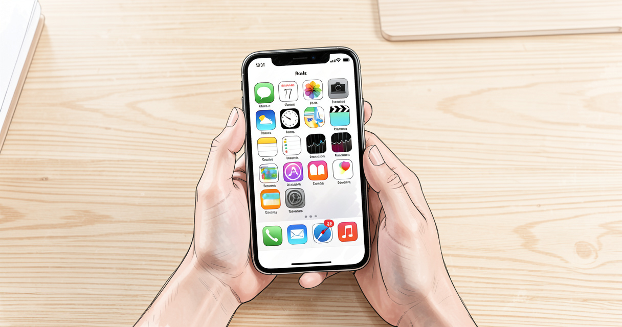 Smartphone affichant des icônes d'applications mobiles sur un bureau en bois