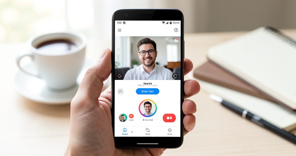 Personne tenant un smartphone Android affichant un appel vidéo gratuit, illustration d'application de téléphonie