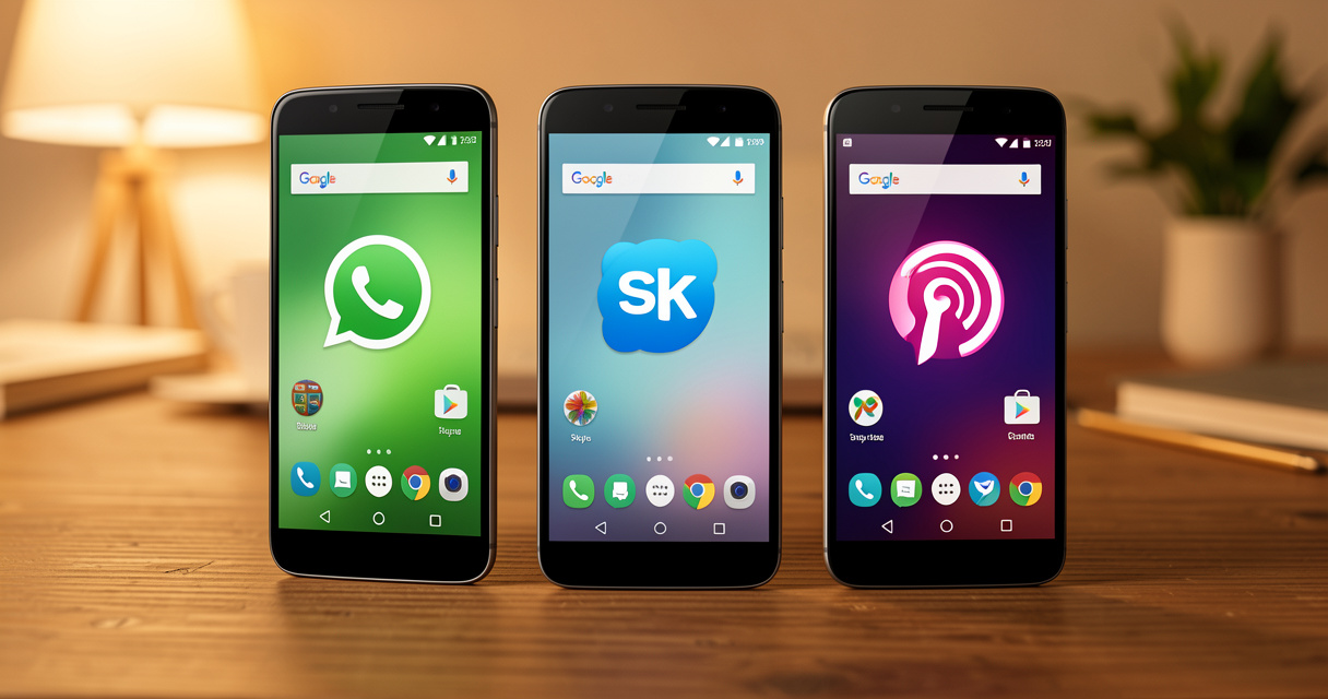 Trois smartphones Android avec des applications d'appel gratuit sur l'écran d'accueil, comparatif