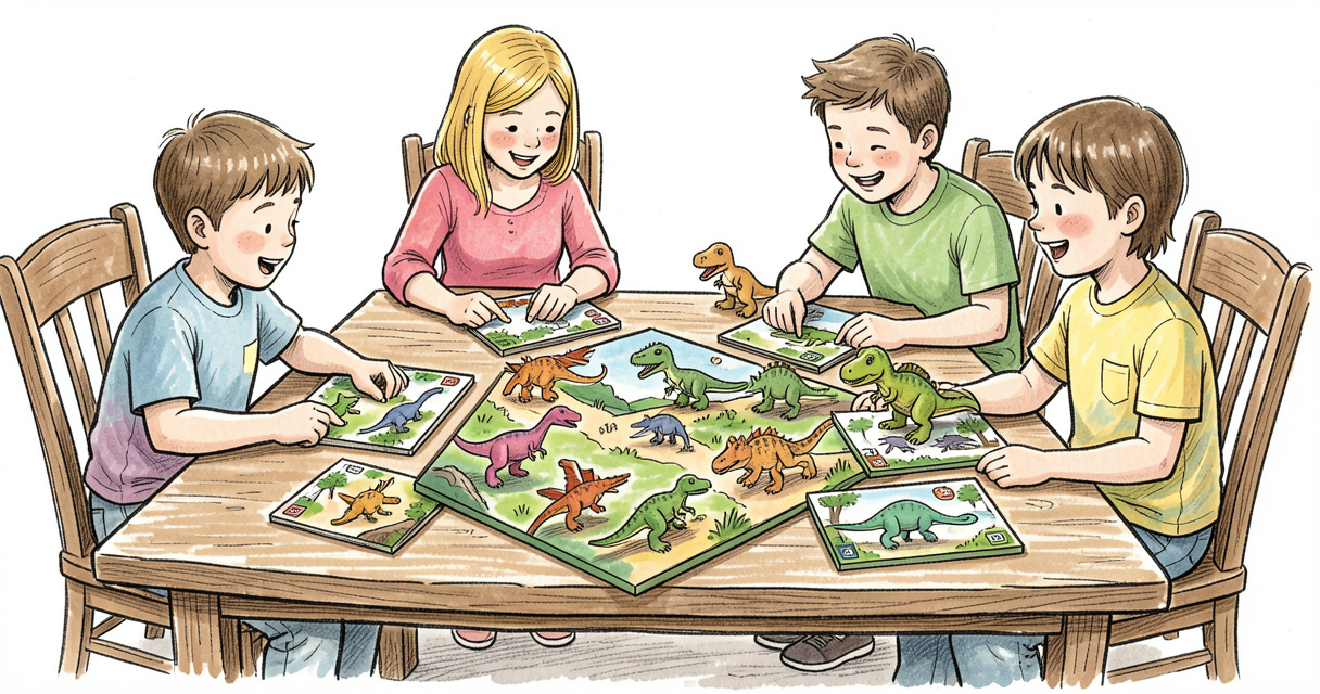 Plusieurs jeux de société avec dinosaures pour enfants disposés sur une table