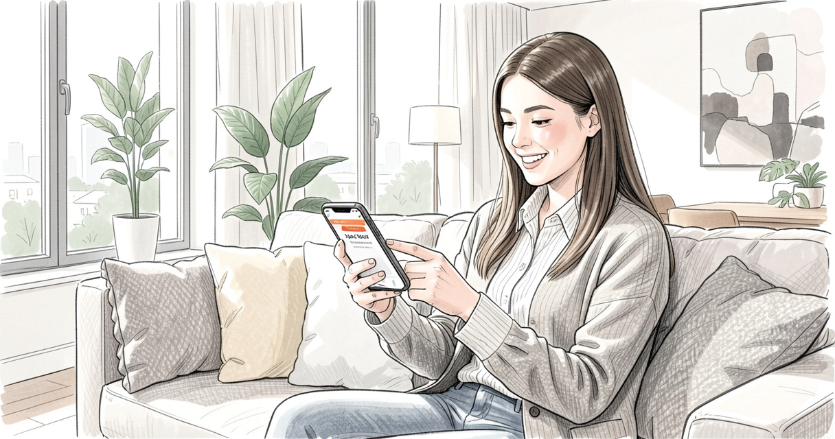 Jeune femme souriant en consultant une offre d'emploi sur son smartphone, illustration de l'article sur les applications