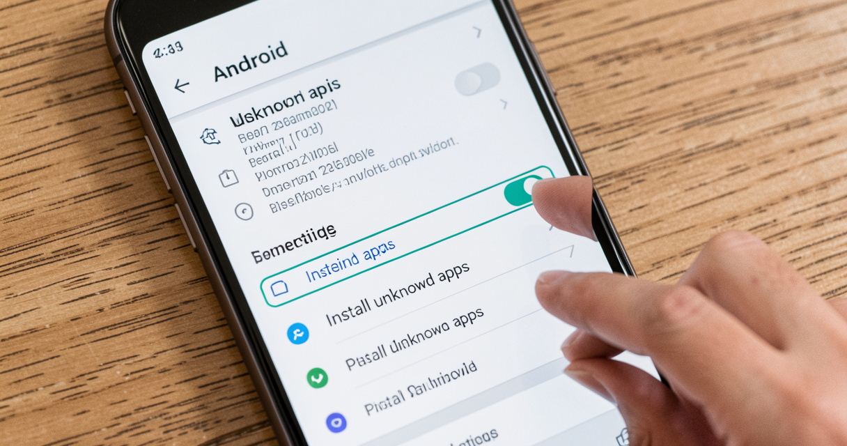 Capture d'écran du paramètre 'Installer des applications inconnues' sur Android avec doigt pointant l'interrupteur