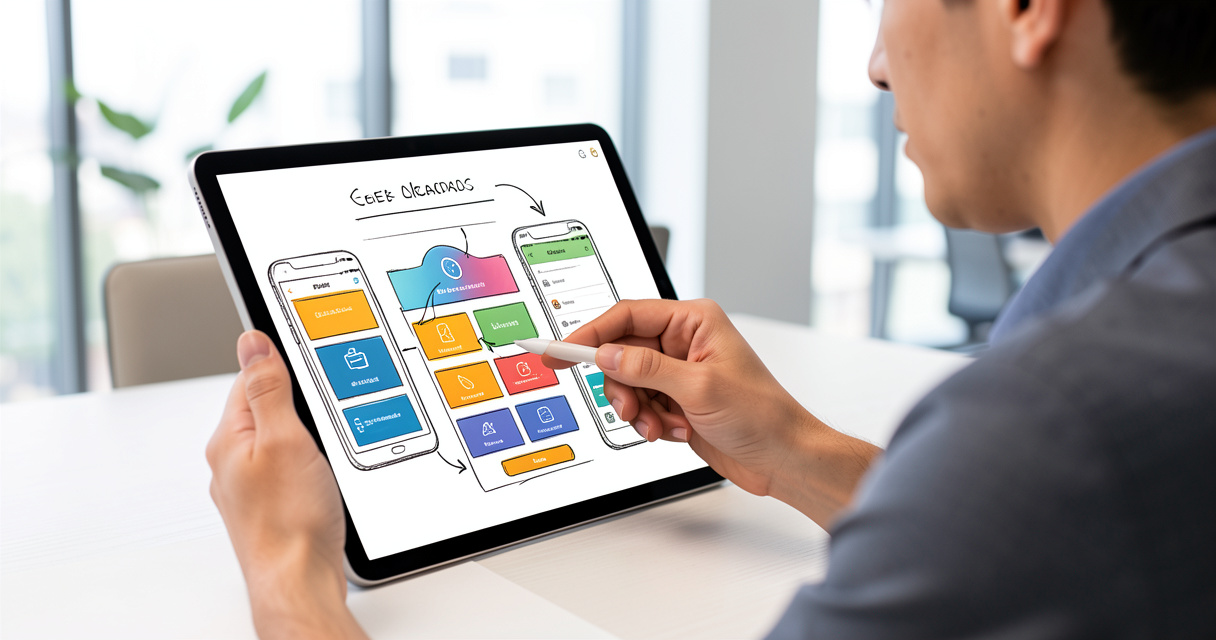 Personne utilisant un app builder glisser-déposer sur une tablette pour créer une application mobile