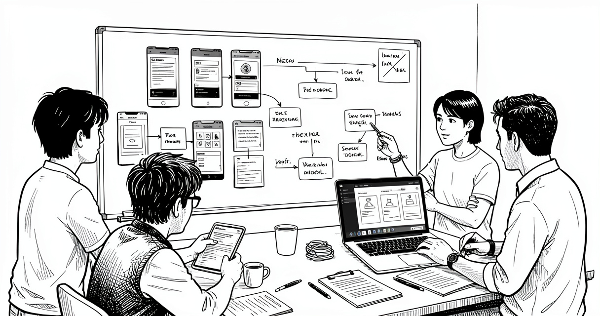 Équipe collaborative autour d'un tableau blanc planifiant une application avec un outil no-code