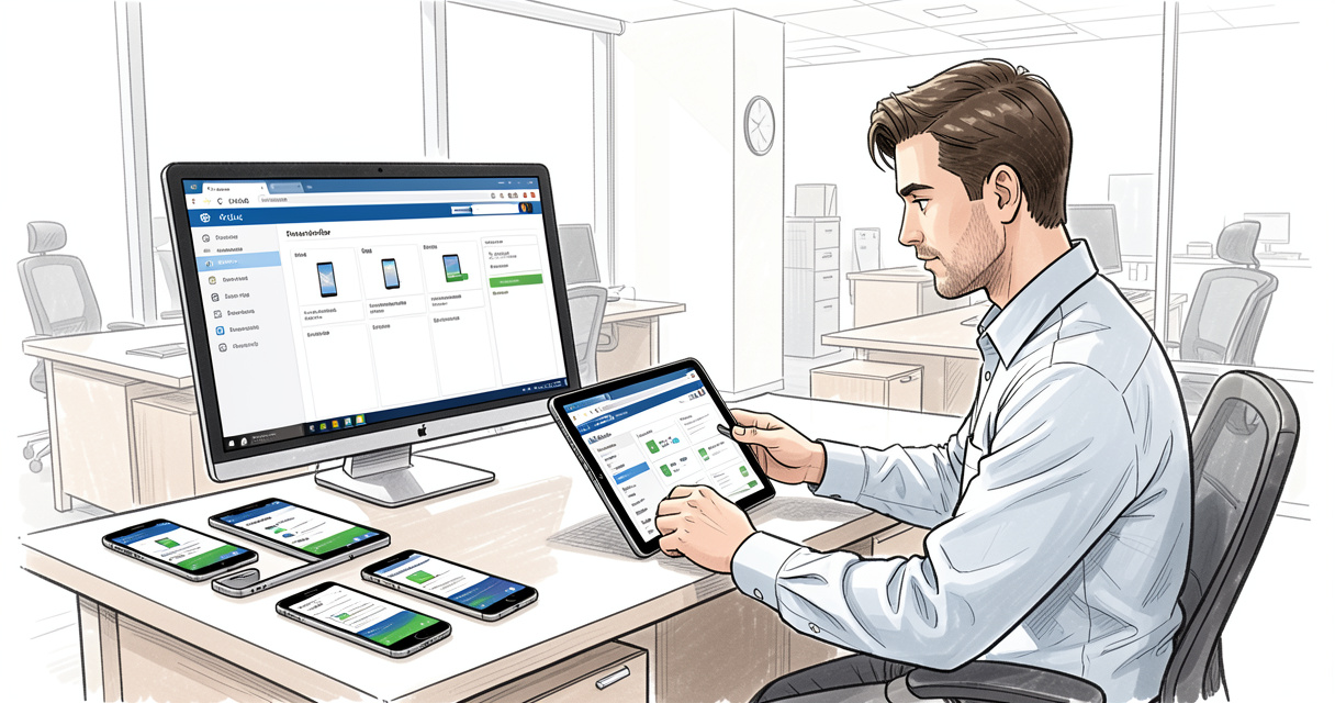 Administrateur IT gérant une flotte d'appareils Android avec un logiciel MDM dans un bureau moderne