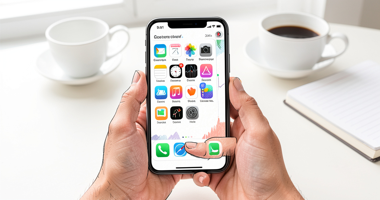 Smartphone affichant une interface d'application mobile colorée sur un bureau moderne
