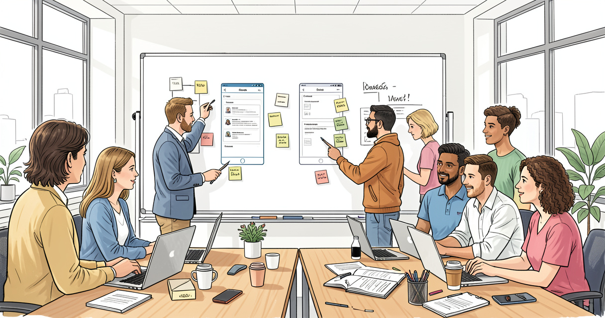 Équipe de designers travaillant sur des maquettes d'application mobile collaborative