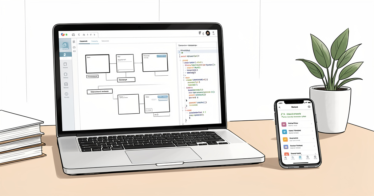 espace de travail moderne avec ordinateur affichant du code développement application et smartphone