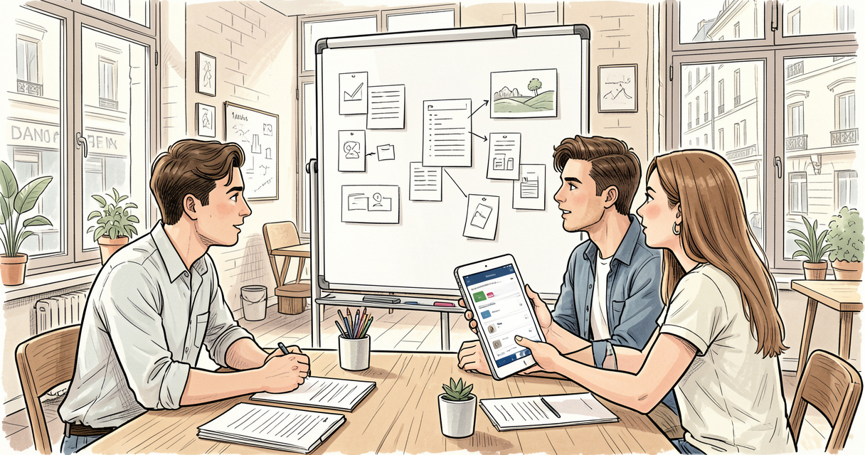 équipe discutant du cycle de vie développement application autour d’un tableau blanc et d’une tablette