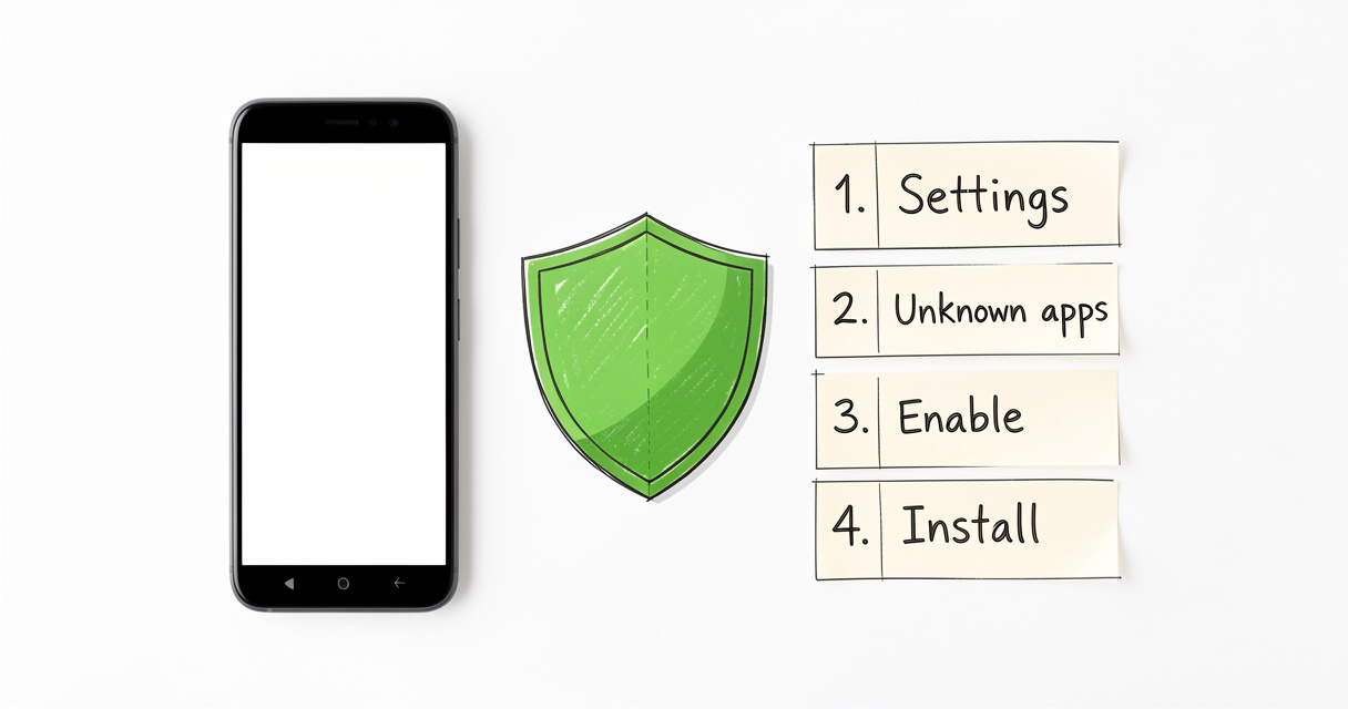 Étapes pour installer un APK en toute sécurité sur Android, avec icône de bouclier