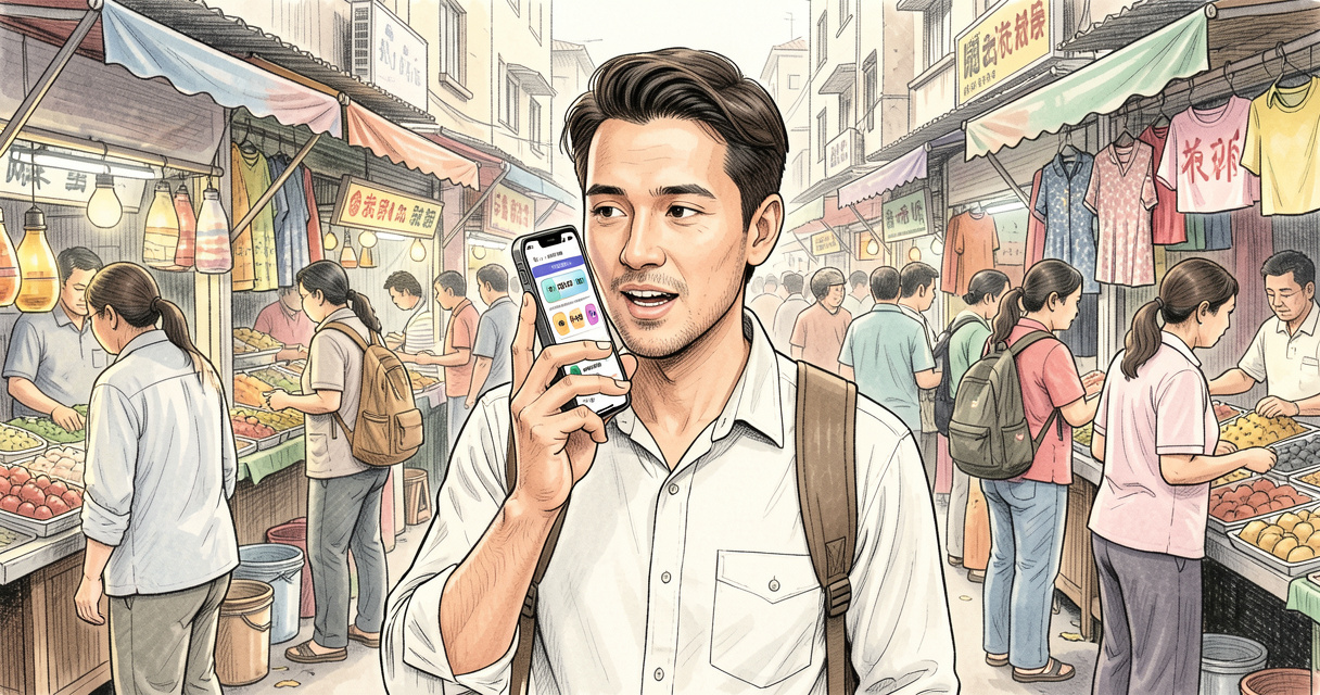 Voyageur utilisant une application de traduction vocale sur son smartphone dans un marché animé