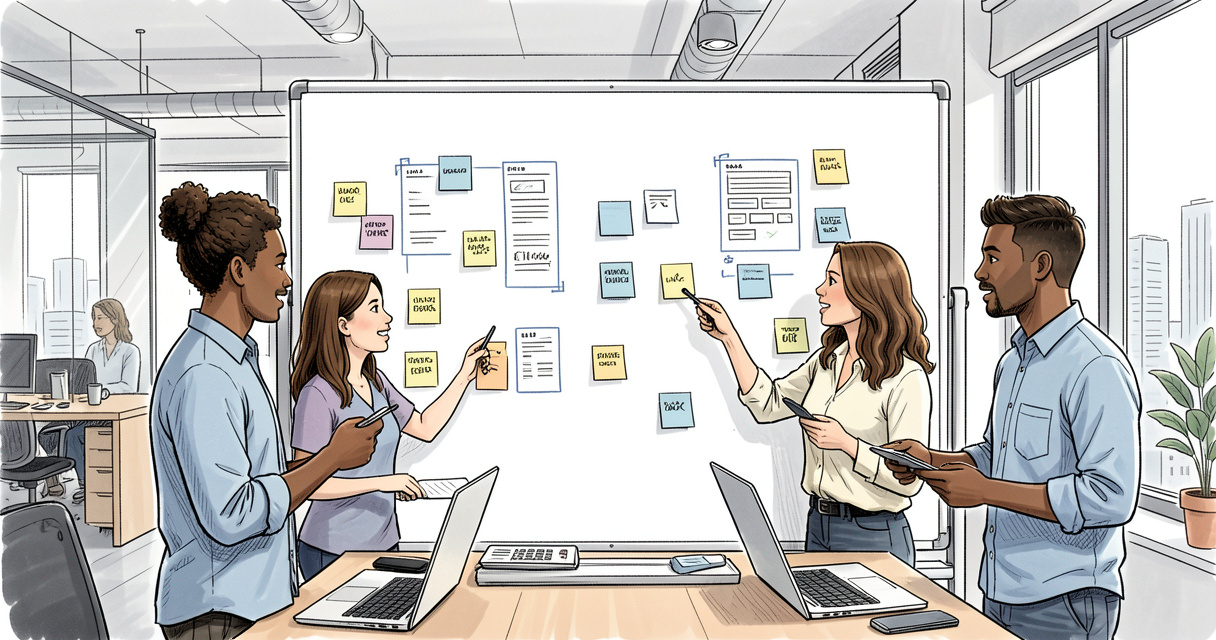 Équipe de développement application mobile en réunion de conception avec wireframes et post-it