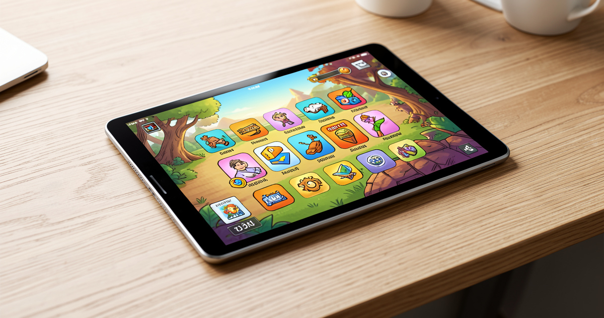 Tablette tactile avec écran de jeu affichant une sélection de jeux optimisés pour grand écran