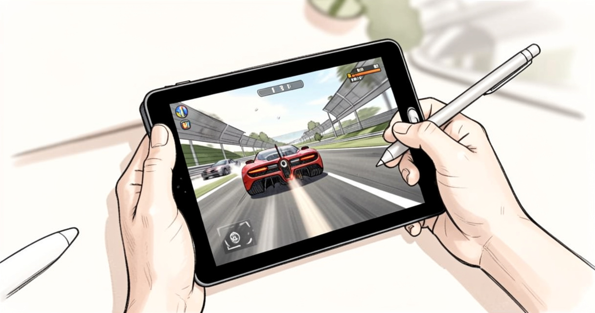 Mains tenant une tablette en mode paysage pour jouer à un jeu de course, stylet posé à côté
