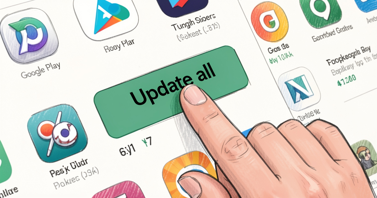 Doigt appuyant sur le bouton Tout mettre à jour dans Google Play Store pour les applications Android