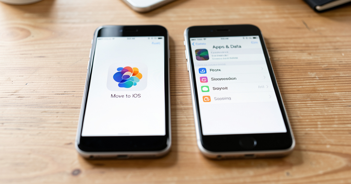 Transfert de contacts Android vers iPhone avec l'application Move to iOS sur deux smartphones posés sur un bureau