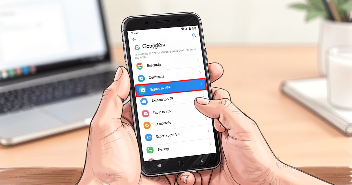 Export des contacts Android au format VCF via Google Contacts sur un écran de smartphone tenu à la main