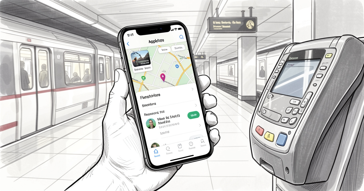 iPhone affichant l'application Cartes avec une carte Navigo prête à être validée sur un valideur de métro.