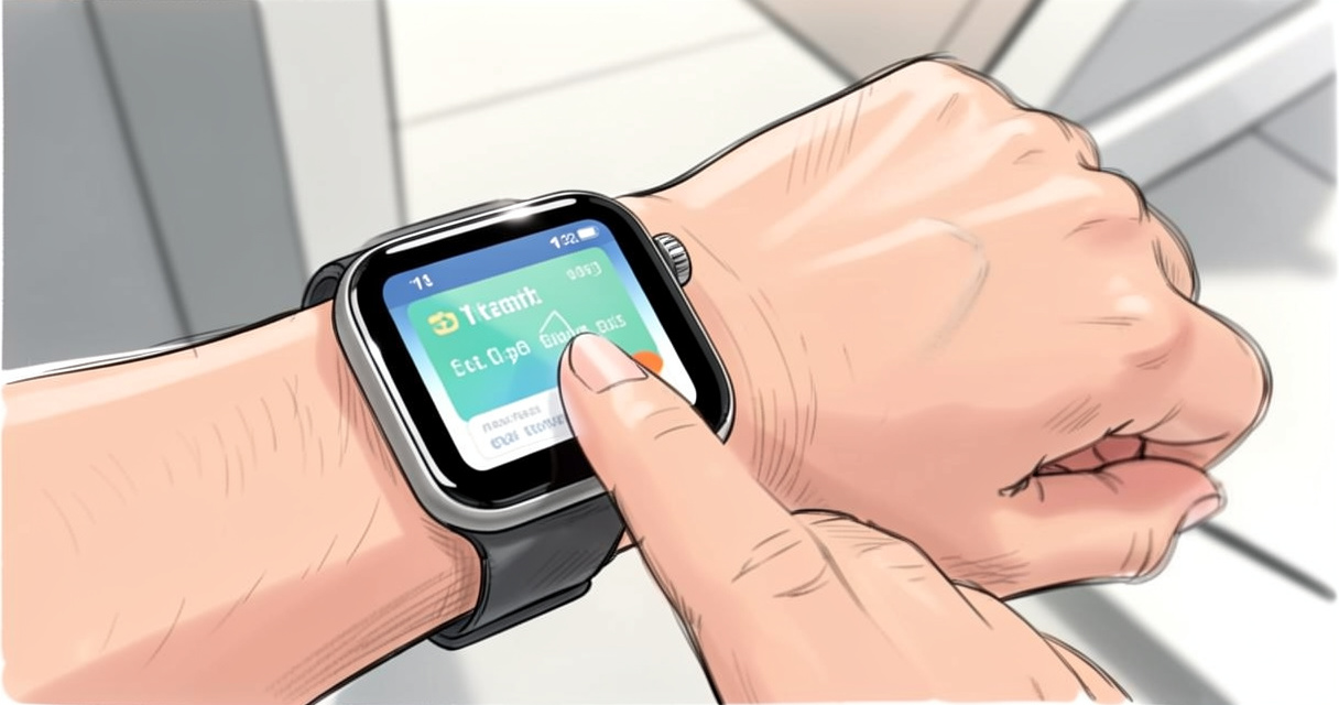 Apple Watch approchant d'un valideur pour valider le Pass Navigo en mode express, fond flou de station.