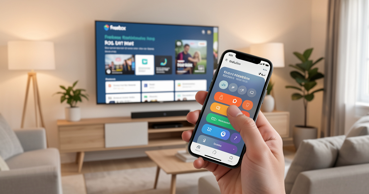 Utilisation de la télécommande virtuelle Freebox Révolution sur smartphone devant la télévision