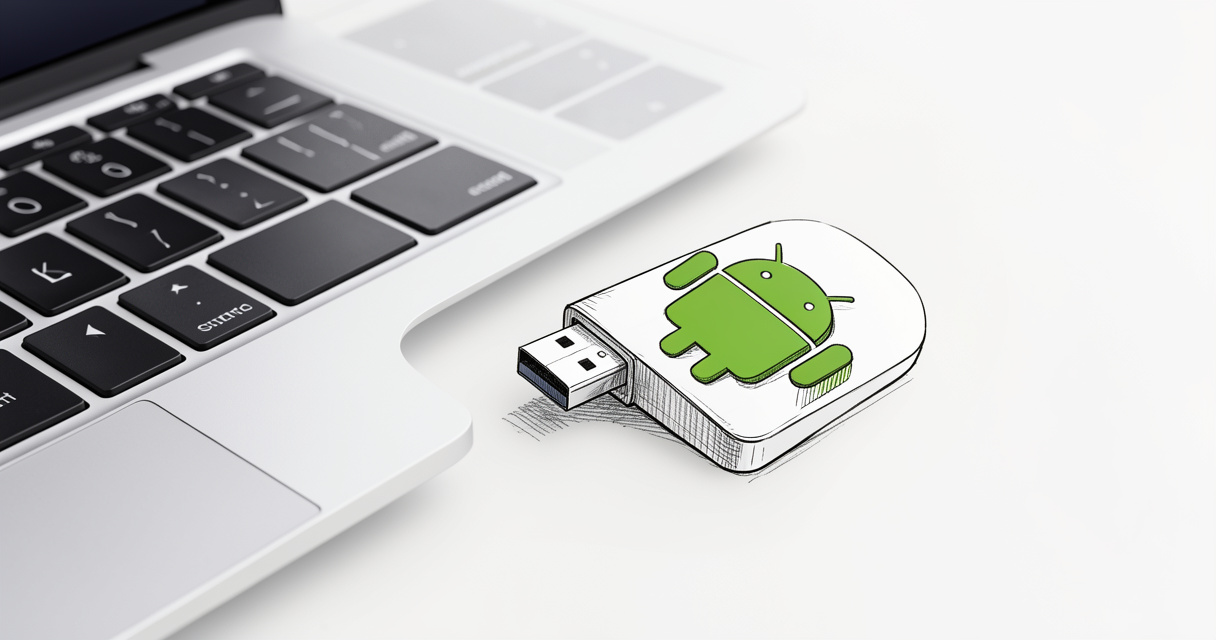 Clé USB bootable avec Android-x86 posée à côté d'un ordinateur portable prêt pour l'installation