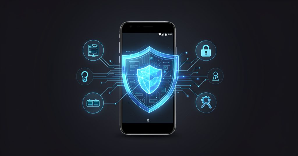 Illustration de la sécurité des applications Android avec un bouclier numérique et un smartphone