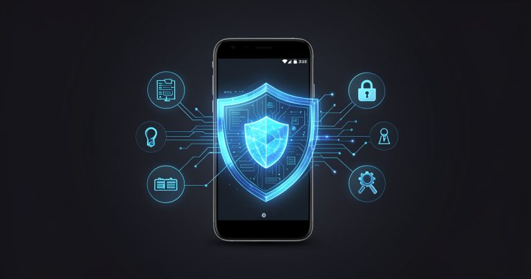 Illustration de la sécurité des applications Android avec un bouclier numérique et un smartphone