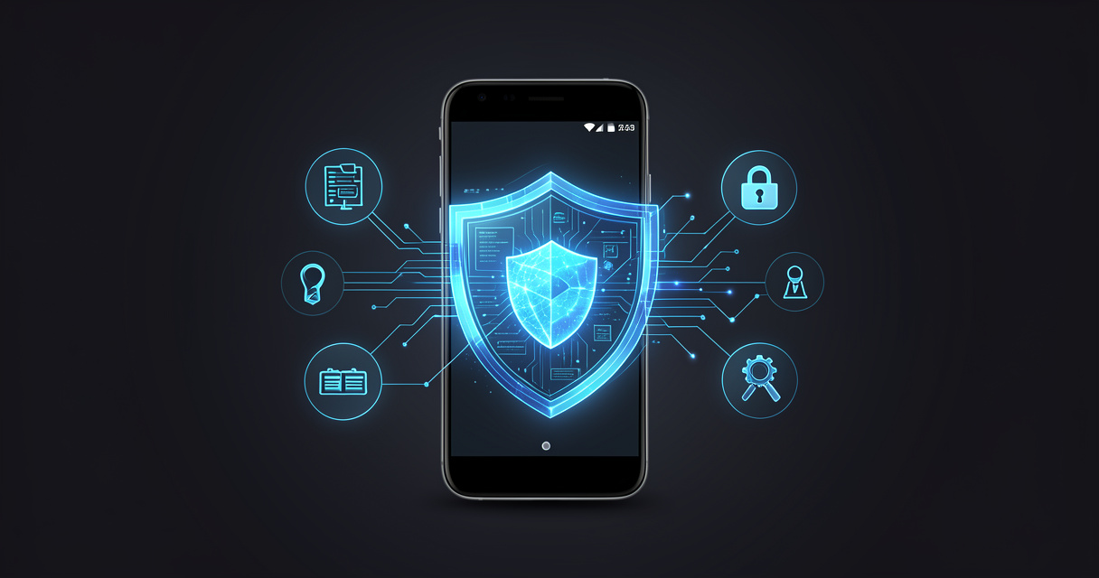 Illustration de la sécurité des applications Android avec un bouclier numérique et un smartphone