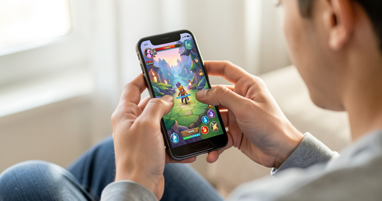 Smartphone jeux : une main tenant un mobile avec un jeu coloré à l'écran