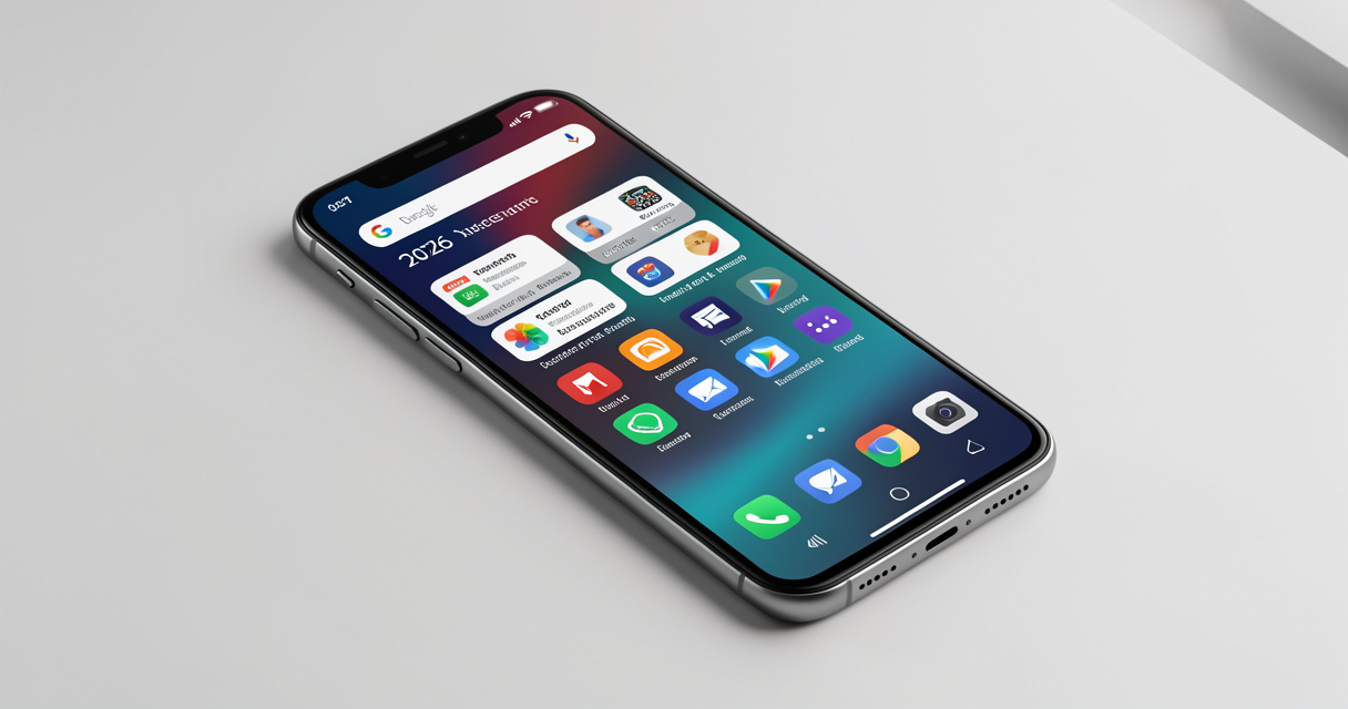 Un smartphone Android milieu de gamme 2026 affichant des applications de productivité et de sécurité sur un bureau moderne