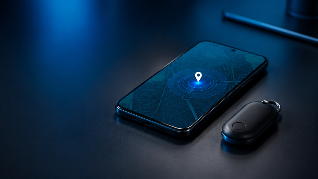 Galaxy SmartTag2 noir près d’un smartphone Android affichant une carte de localisation