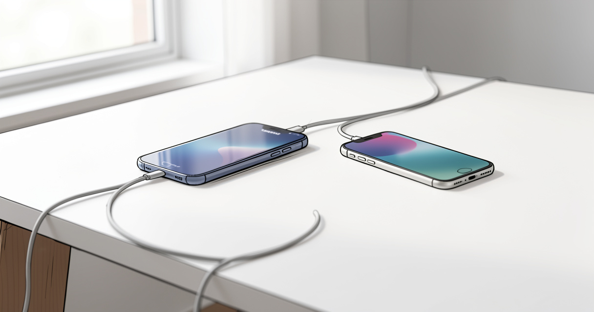 Transfert Samsung vers iPhone : deux mobiles avec câble et Wi-Fi sur un bureau