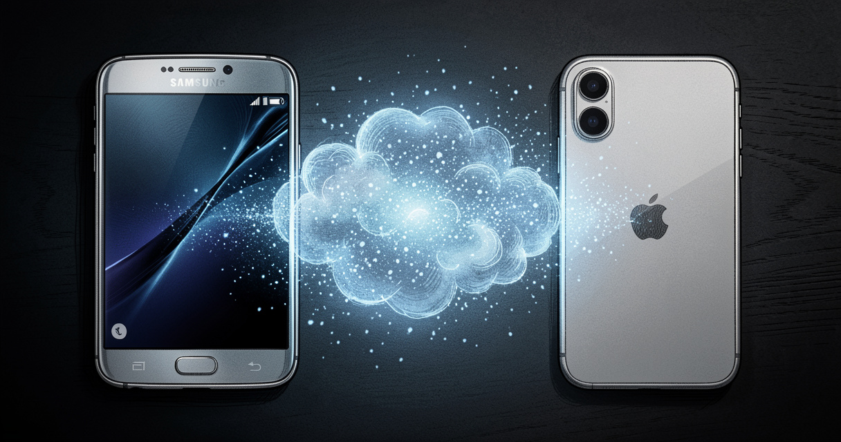 Nuage lumineux pendant le transfert Samsung vers iPhone, fond sombre