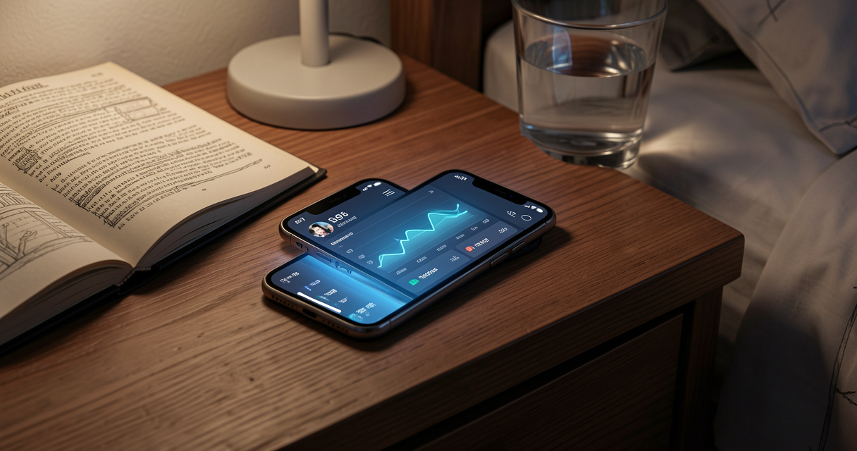 Application de suivi du sommeil sur un téléphone posé sur une table de chevet