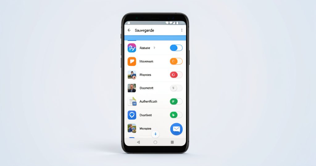 Smartphone Android affichant le choix des applications et données à sauvegarder