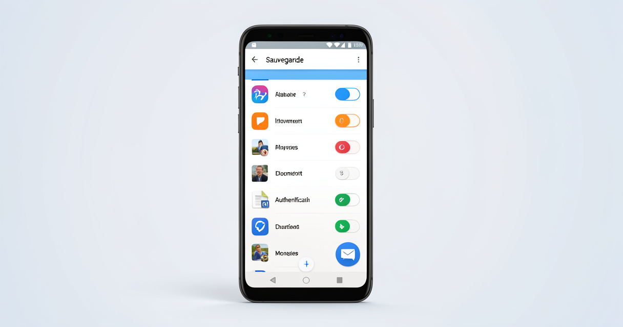 Smartphone Android affichant le choix des applications et données à sauvegarder