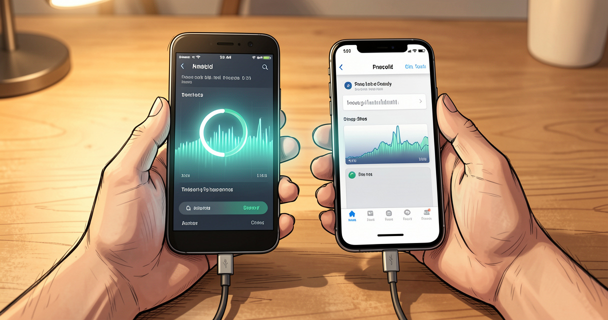 Transfert données Android vers iPhone avec câble USB-C sur un bureau